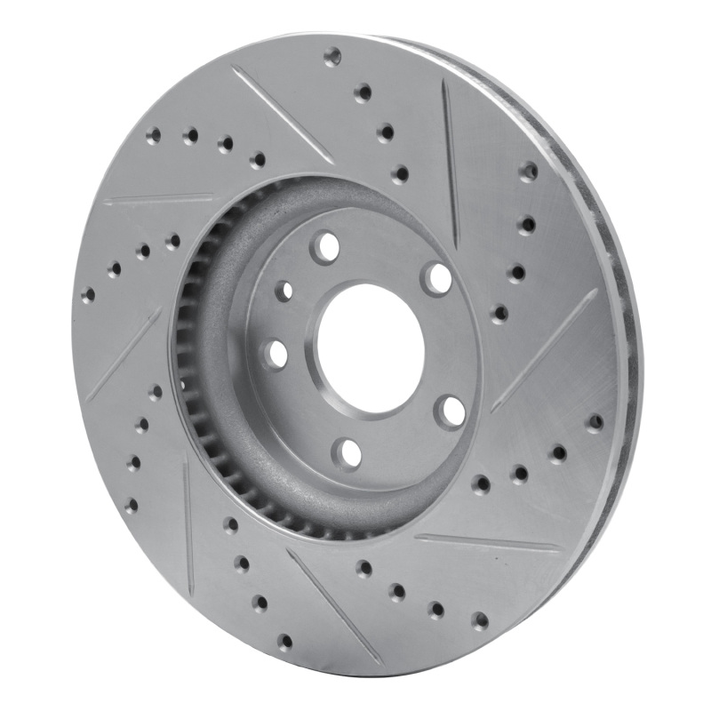 Ford Special Service Police Sedan Brake Rotor (1) - Front Left - R1 Concepts - Drilled & Slotted - Silver - `13-`20